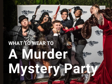 A group of adults in costume for a murder mystery party strike a pose for the camera