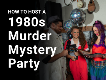 A detective interrogates two friends dressed in 80s attire at a 1980s-themed murder mystery party. There is text overlaid on the image that says 